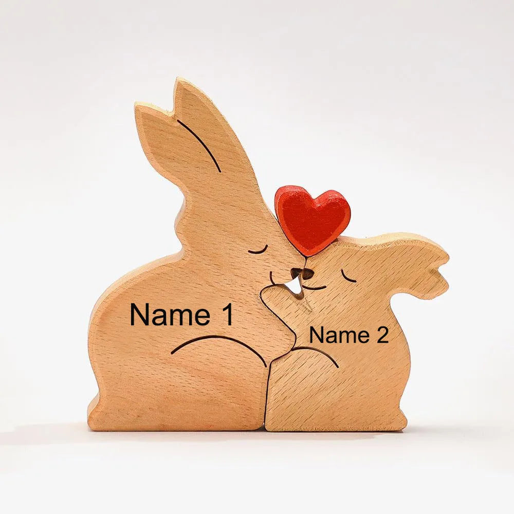 Personalized wooden bunny puzzle family name custom sculpture gift for christmas unique decor mom - 2 rabbits