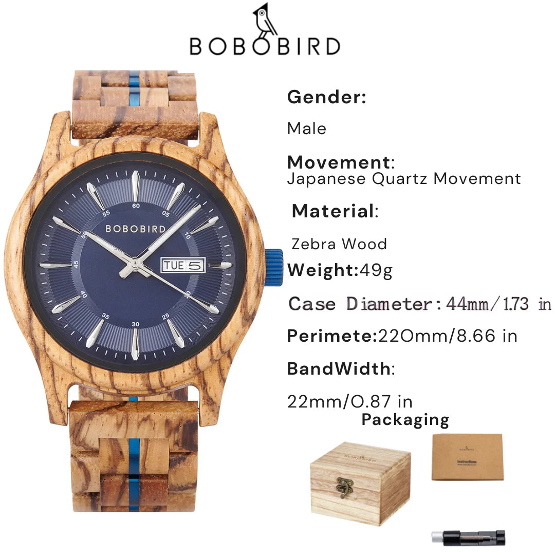 Bobo bird men’s wooden watch with blue dial – natural handmade wood wristwatch date display anniversary gift in box