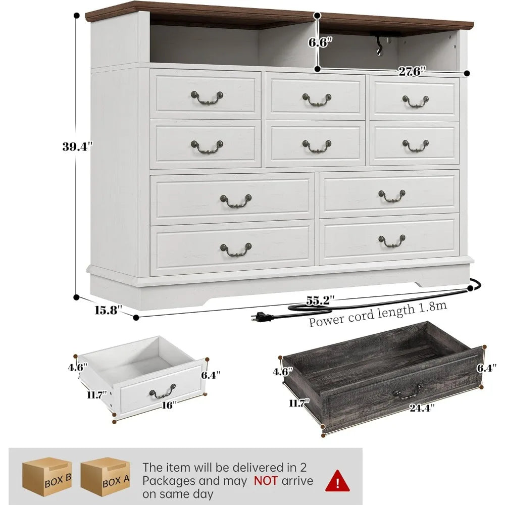 10 drawers dresser for bedroom 55.2’’wide wood white with led & power outlet large space saver chests of c
