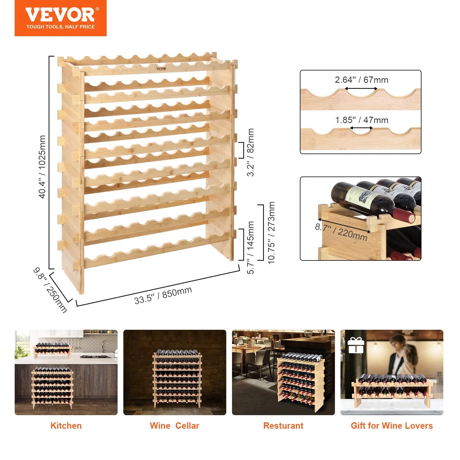Vevor 18/36/42/48/72bottle stackable modular wine rack free standing storage bamboo holder display shelves cellar - 72