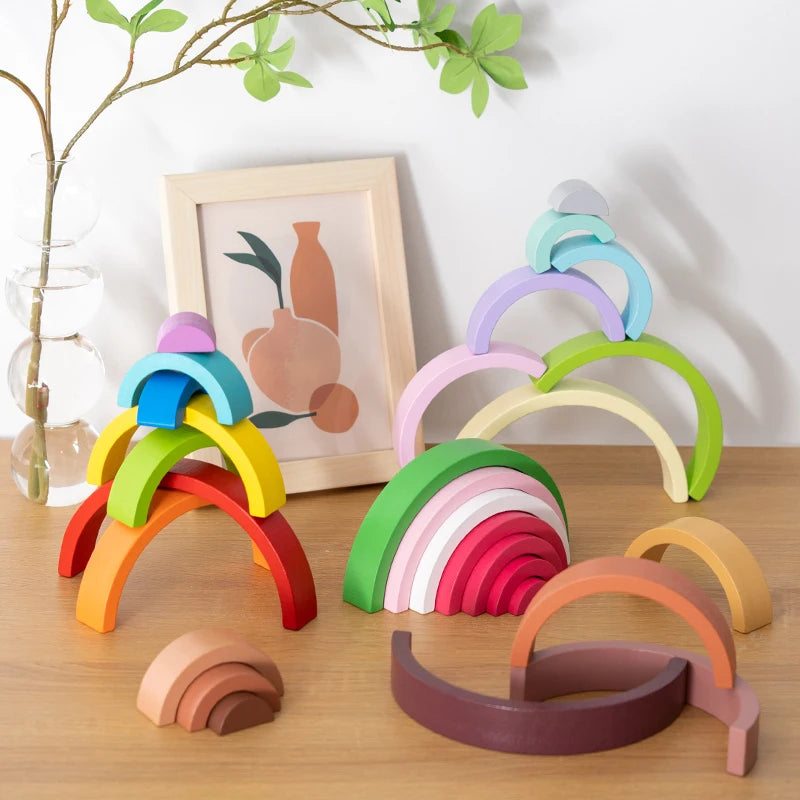 Arch bridge rainbow wooden building blocks stacking games color cognitive kids montessori educational wood toys