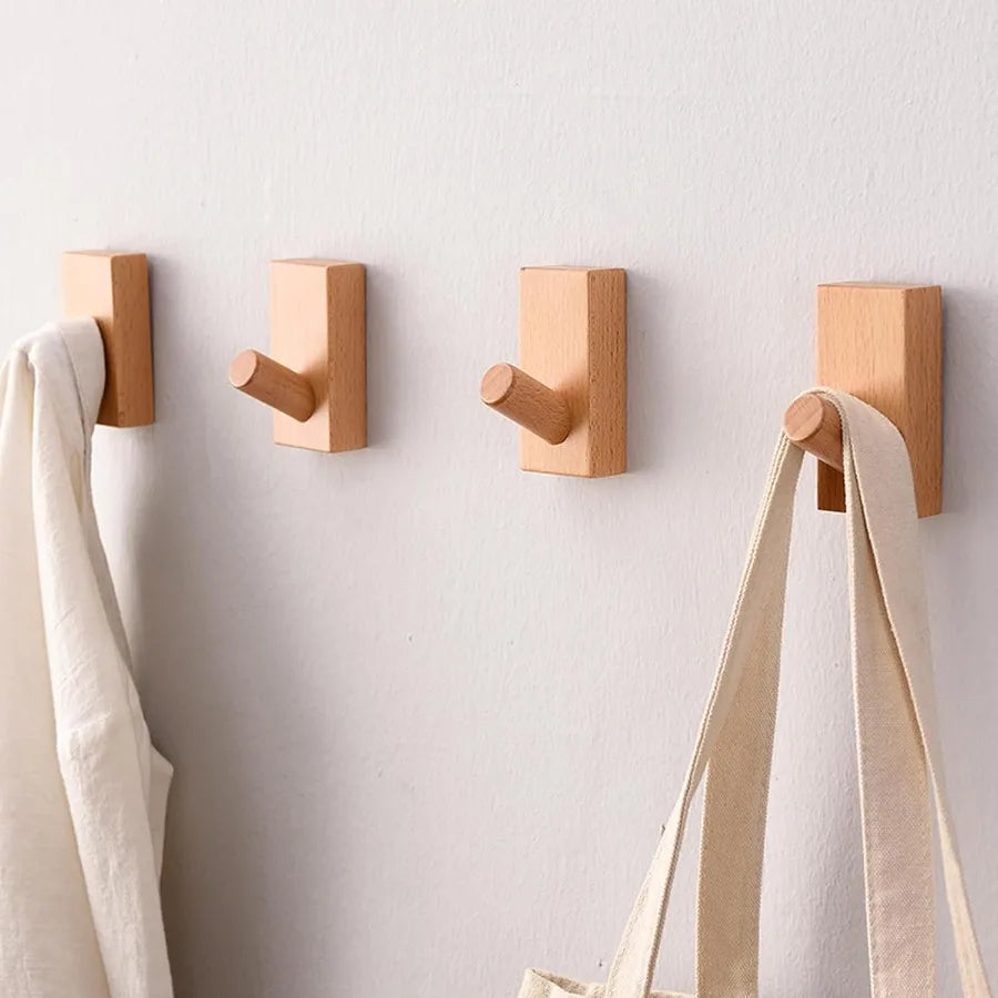 Wood coat hooks wall mounted 4 pack heavy duty natural beech for hanging robe towel and hat in bathroom bedroom