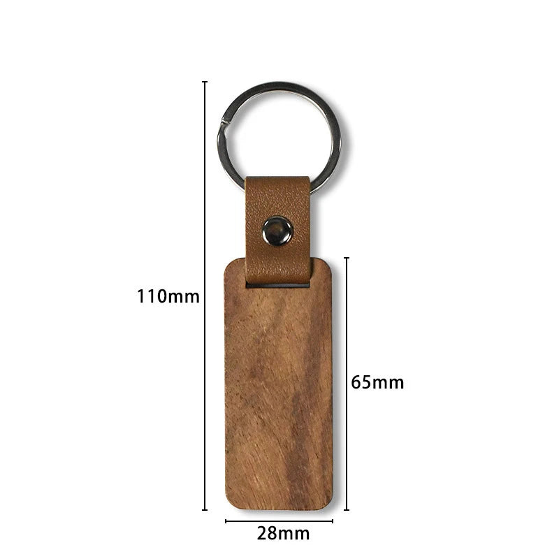 50pcs rectangular wood keychains blank pu leather keyrings pendant key chain - wood