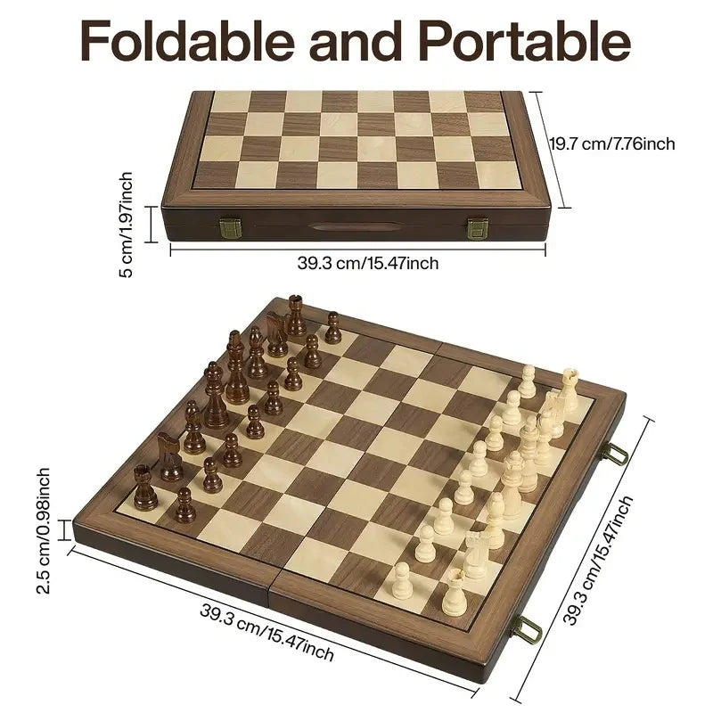 39.3cm/15.47inch magnetic wooden chess set with 2 additional queens folding portable travel board suitable