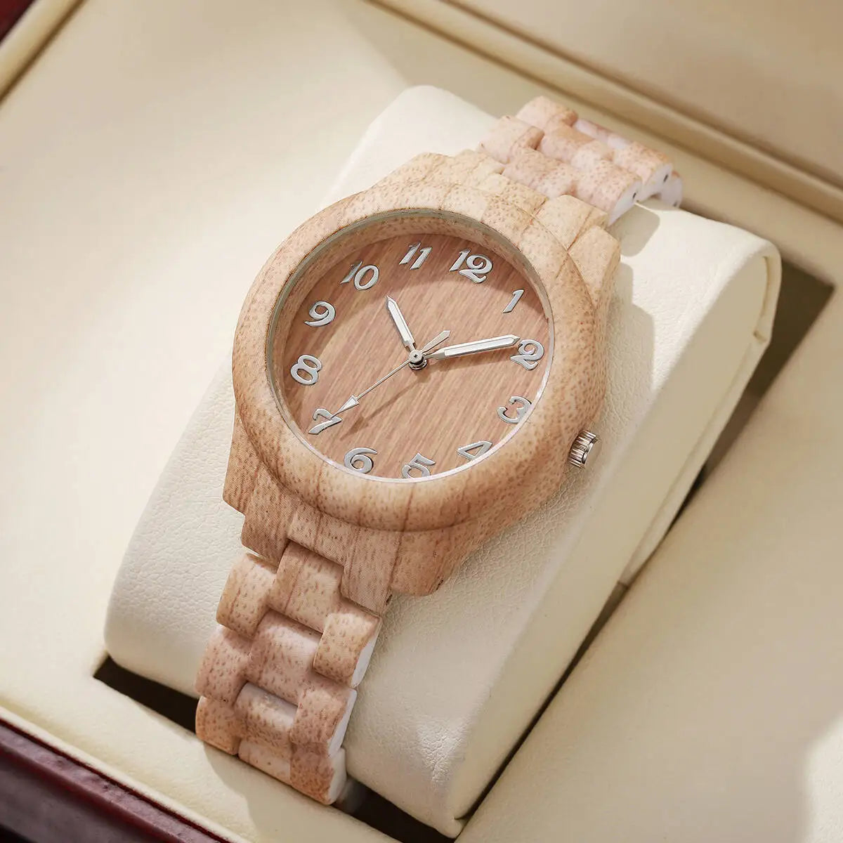Fashion women watches casual wooden pattern plastic band quartz watch relogios feminino（without box） - beige without box