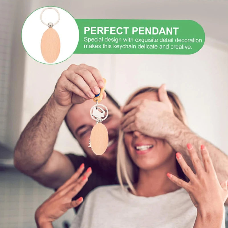 100pcs wood keychain blanks natural keychains pet tags name luggage - oval - key chain