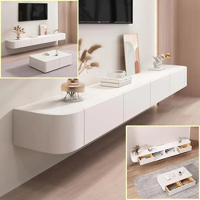 Floating tv stand large shelves wall mounted multi storage compartment tvs media console cabinet bench - white / united