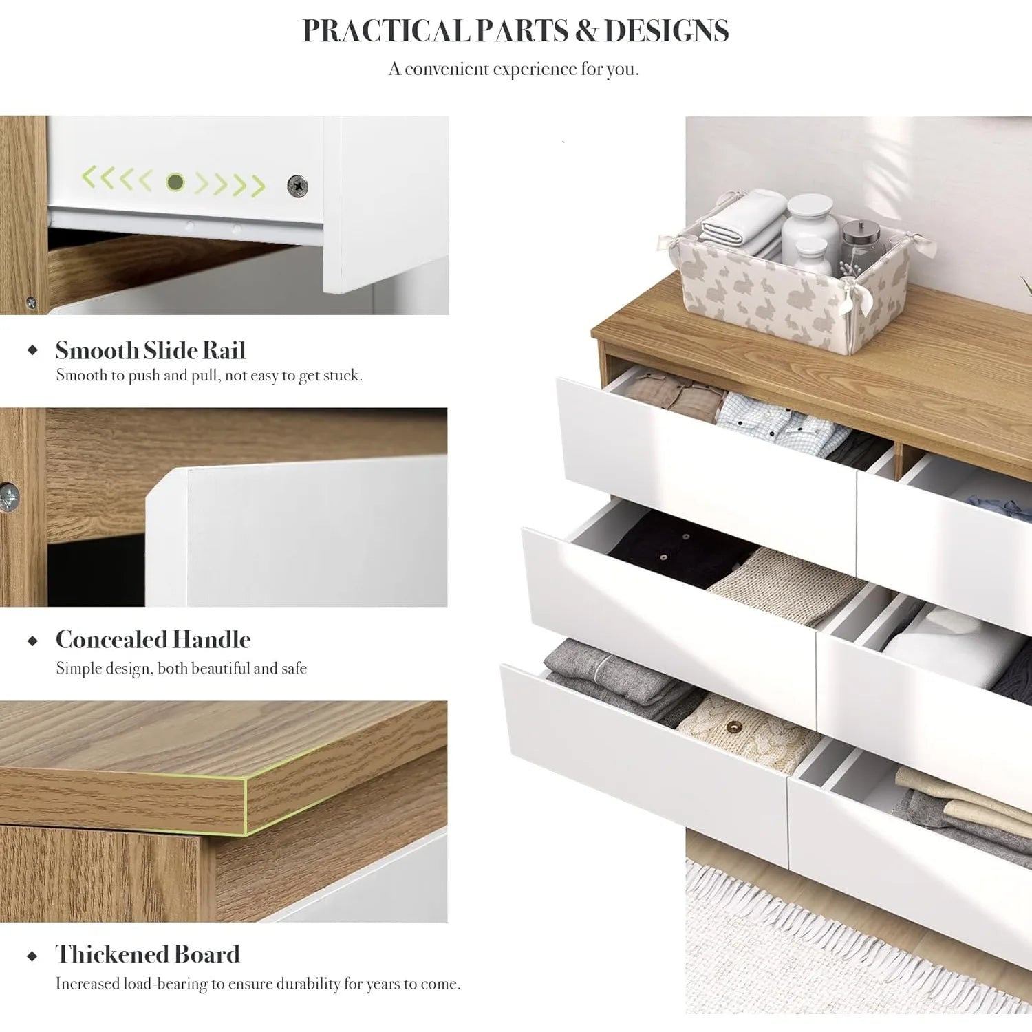 6 drawer double dresser for bedroom white wooden dressers with deep drawers modern chests of drawers, - natural