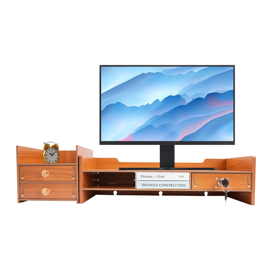 Computer monitor stand wooden desk organizer with drawers office supplies desktop tabletop