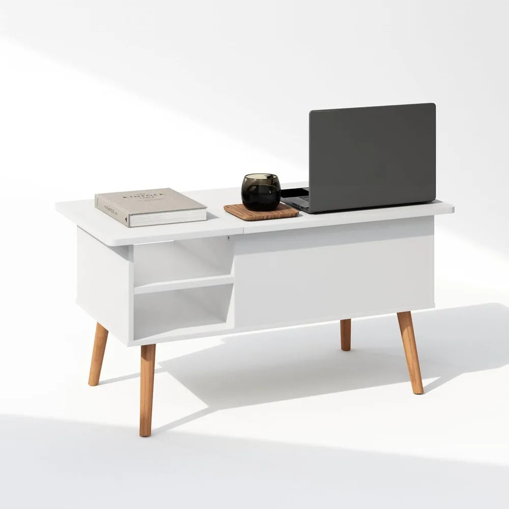 Jensen wooden leg lift top coffee table with hidden compartment and side open storage shelf for living room solid white