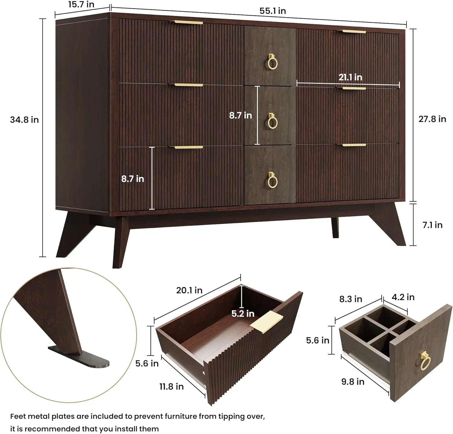 Likimio dresser for bedroom 9 drawers with led light 55’’ wide fluted chest of wood closet organizer hallway - white