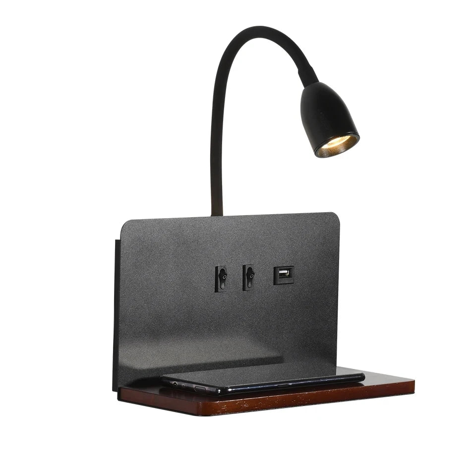 Minimalist wooden wireless charging wall lamp usb dual control switch led indoor bedside study room living light