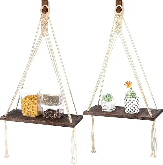 Boho macrame wall decor 2 pack wood hanging shelves storage floating shelf for room handmade plan - united states