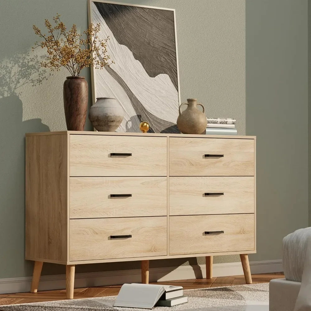 Mid-century modern 6-drawer wood bedroom dresser with metal handles - united states / light oak