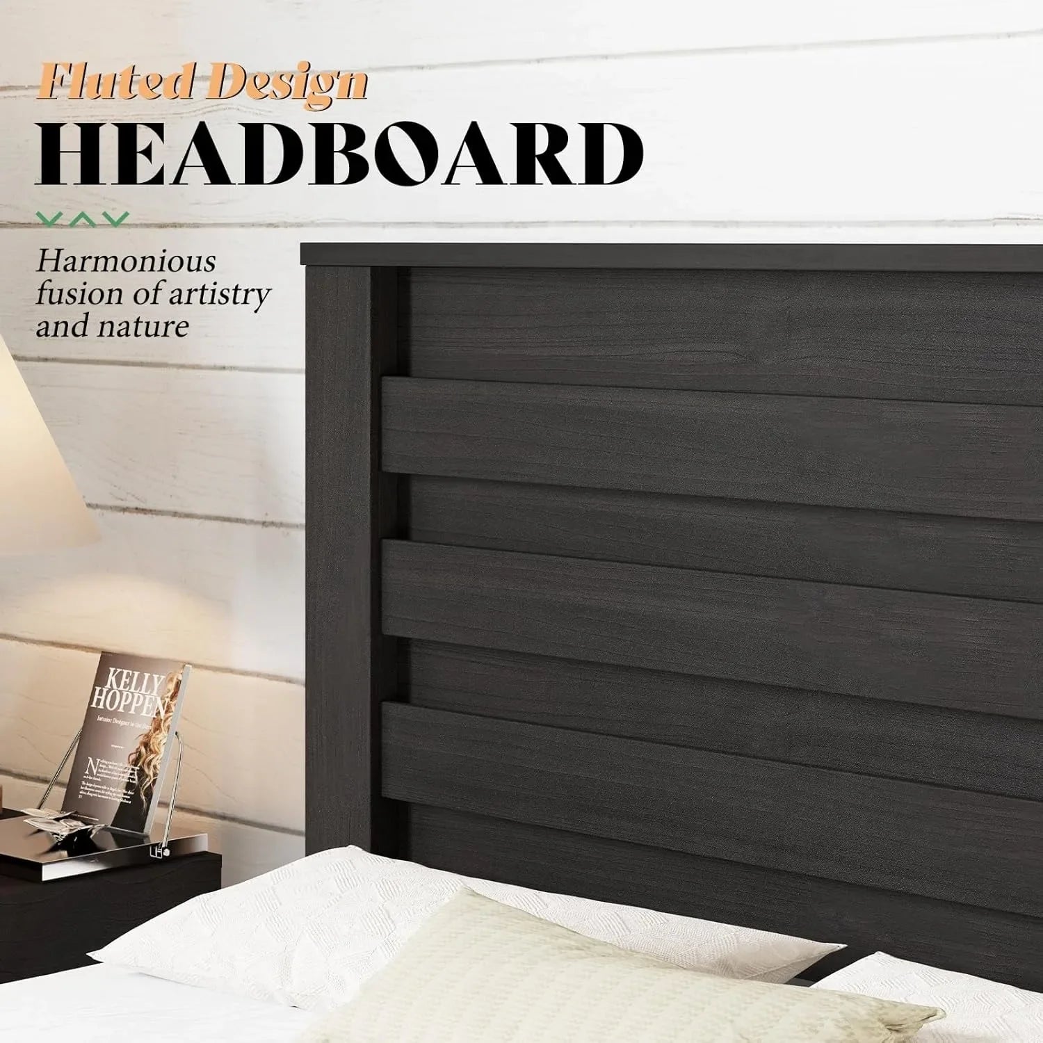 Farmhouse queen size bed frame with 49’’ tall headboard platform natural wood grain no box spring needed/noise free