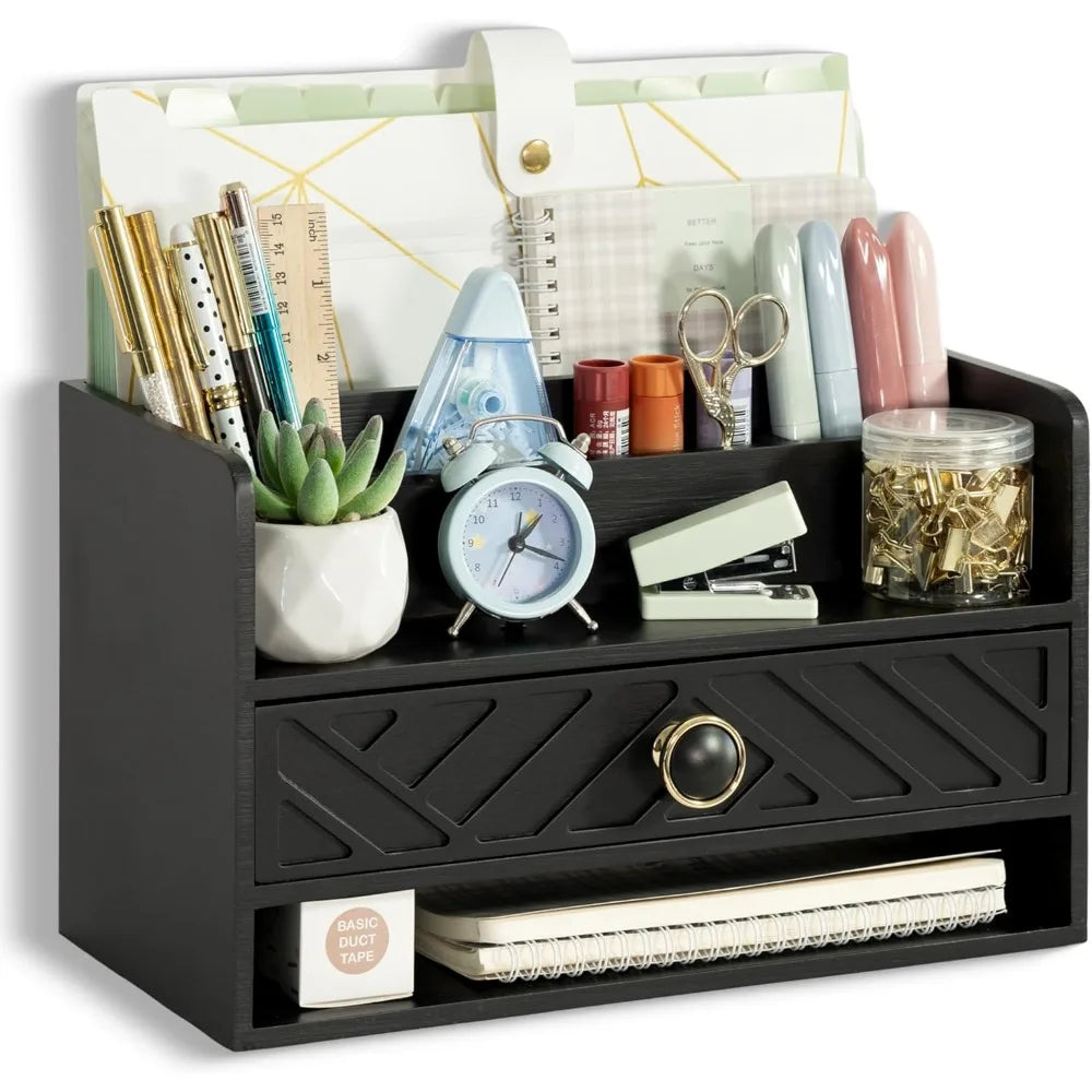 Black wood desk organizer and accessories with drawer bill mail file holder for office supplies access - united states