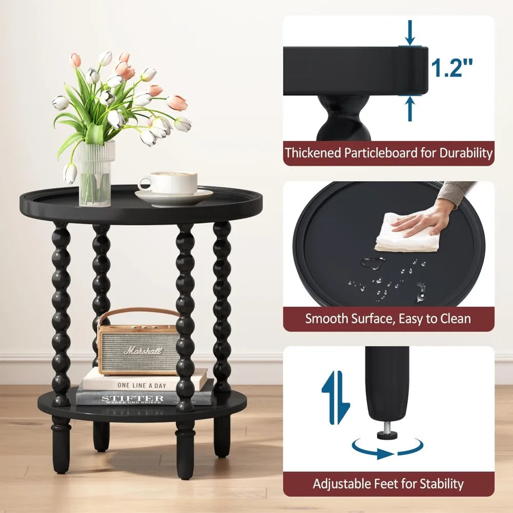 Round end table with storage shelf 2 tier couch side wood coffee for living room bedroom black 19.3 * 25 - united states