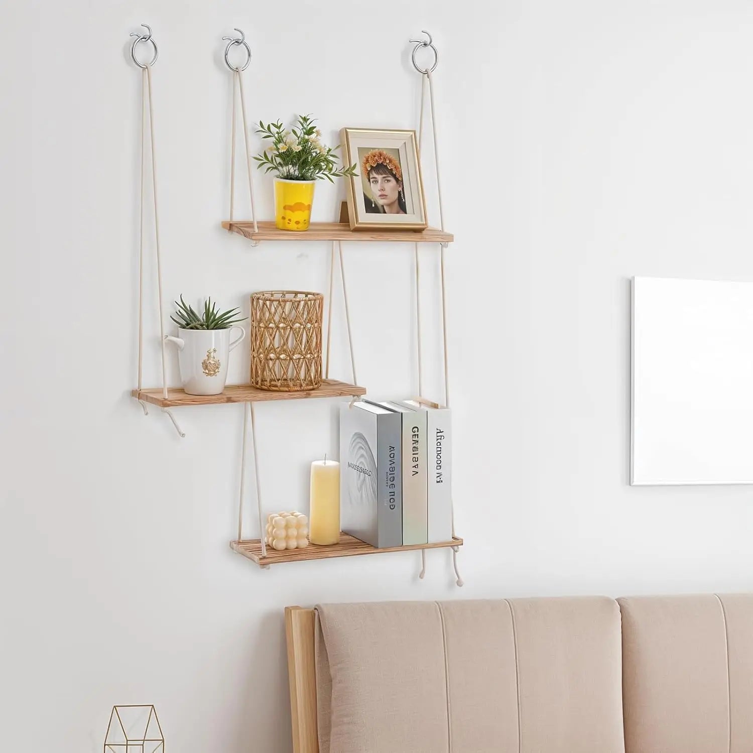 Boho wall shelves for plants - 3 tier macrame hanging wooden storage floating rope shelve - united states / b0dy74yxlq