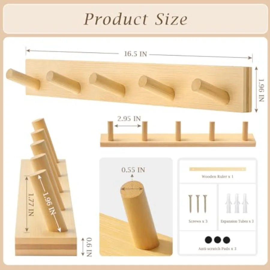 Coat rack wall mount wooden hanger with 5 hooks heavy duty tural 1 pcs - united states