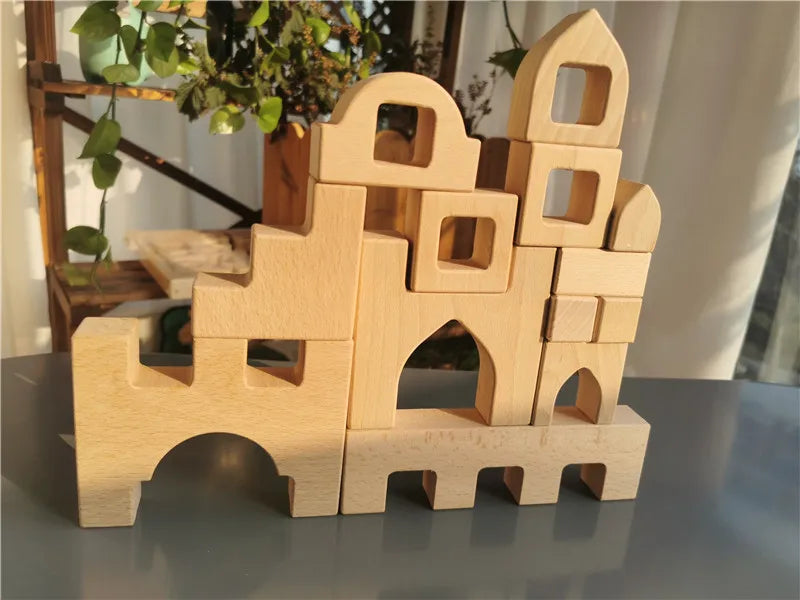 Wooden building blocks set stacking castle toys with transparent cubes rainbow timbers trees animals giraffe for kids