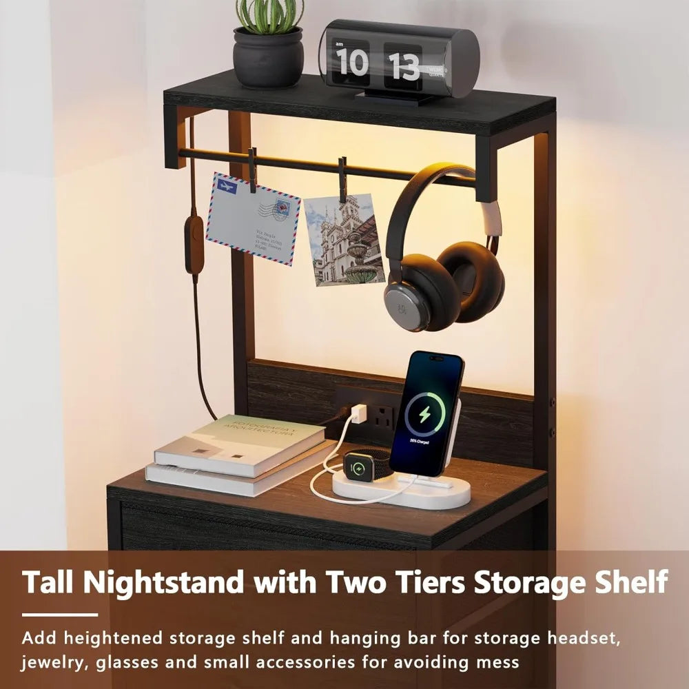 Tall nightstand with charging station night stands led lights and storage shelves bed side table for bedroom hallway