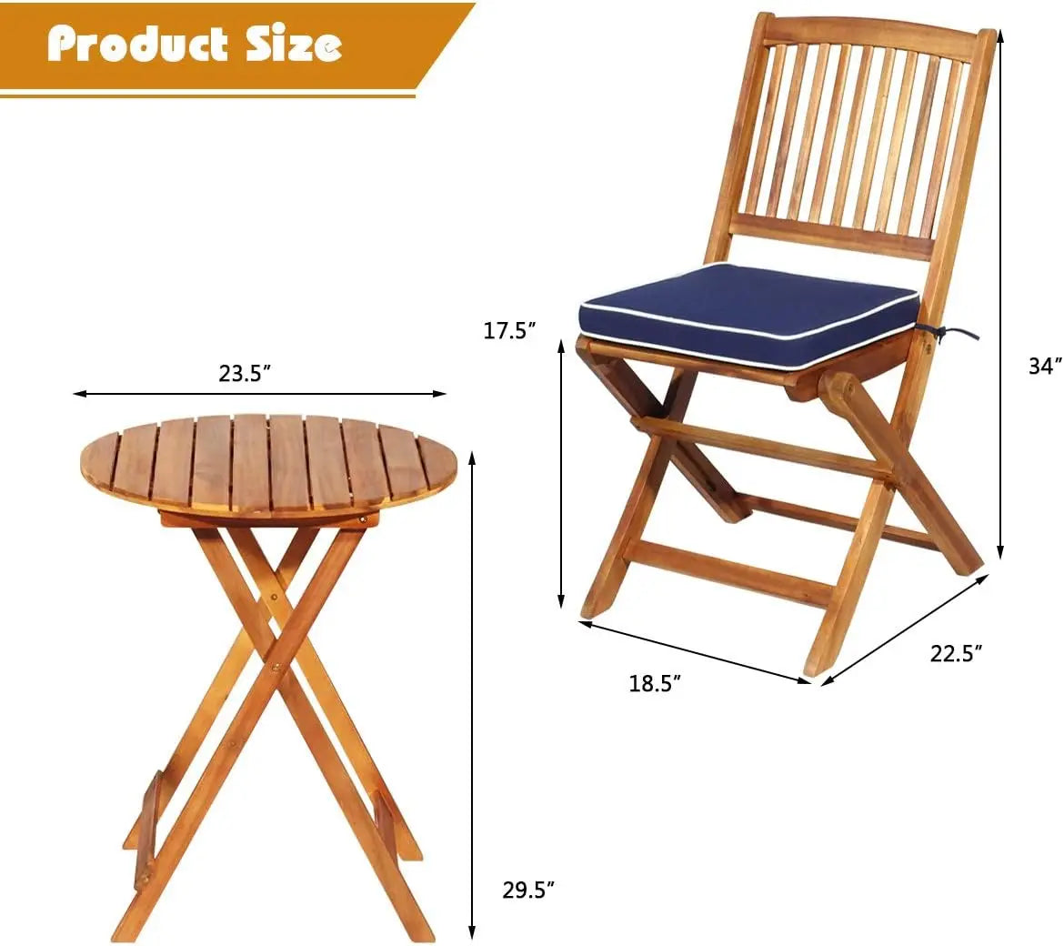 3pcs patio bistro set wood folding table 2 cushioned chairs for garden yard outdoor furniture round - chair