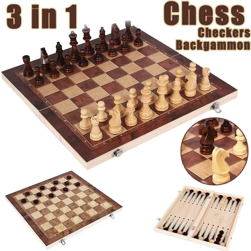 3 in 1 foldable international chess folding wooden portable game board for adults high-end gift - 24 x 24cm