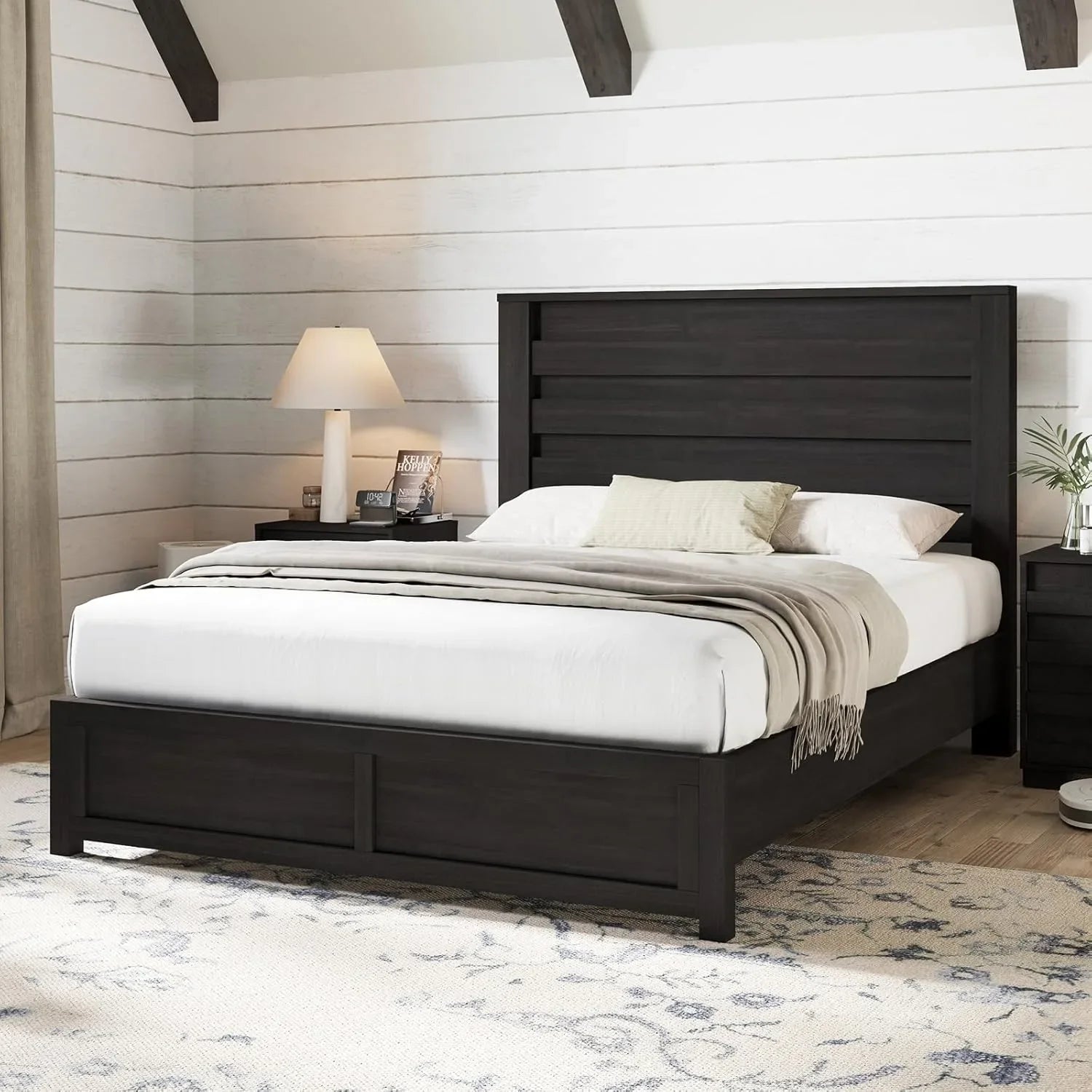 Farmhouse queen size bed frame with 49’’ tall headboard platform natural wood grain no box spring needed/noise free