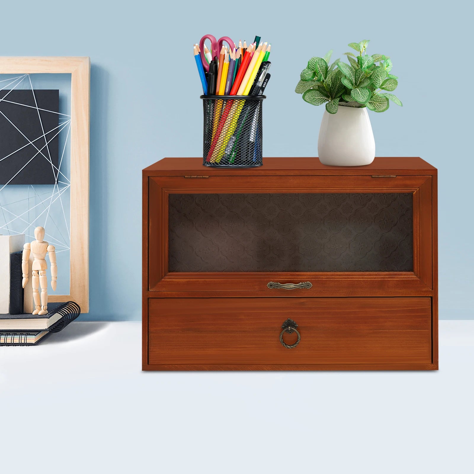 2 tier vintage wooden tabletop organizer magnetic door rustic storage cabinet with drawer dustproof for desk kitchen