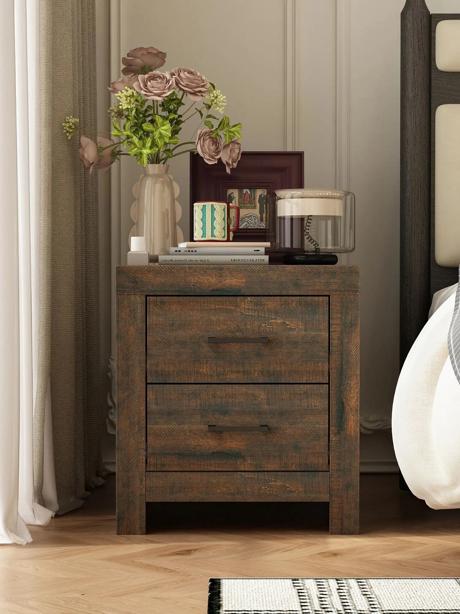 Fufu&gaga 2-drawers bedroom nightstand with spacious top bedside table metal handles for living room brown wood grain