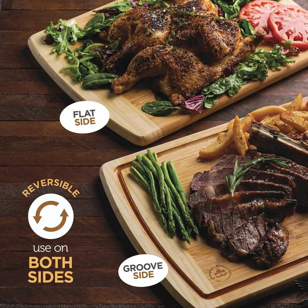 Large bamboo cutting boards set 2 pack deep juice groove charcuterie serving tray non-slip durable kitchen chopping