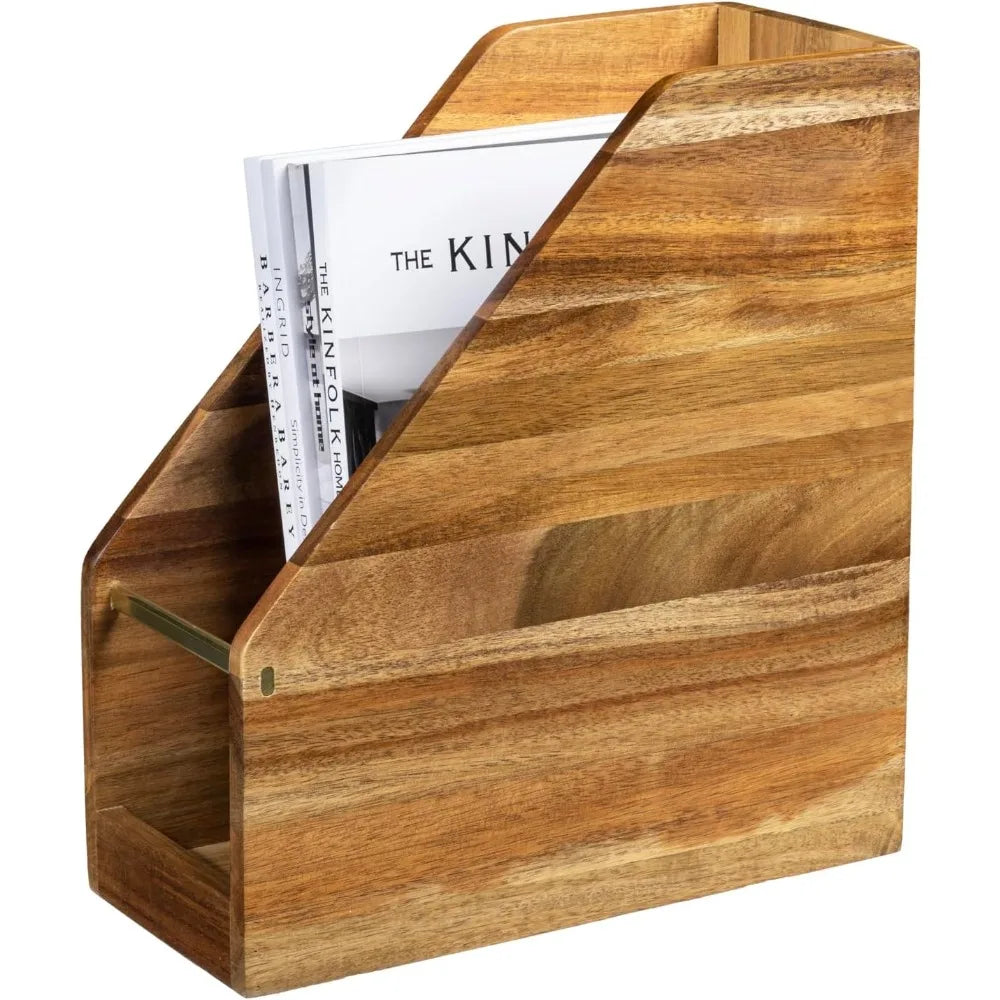 Solid acacia wood vertical magazine file holder with brass accents for office desk - united states