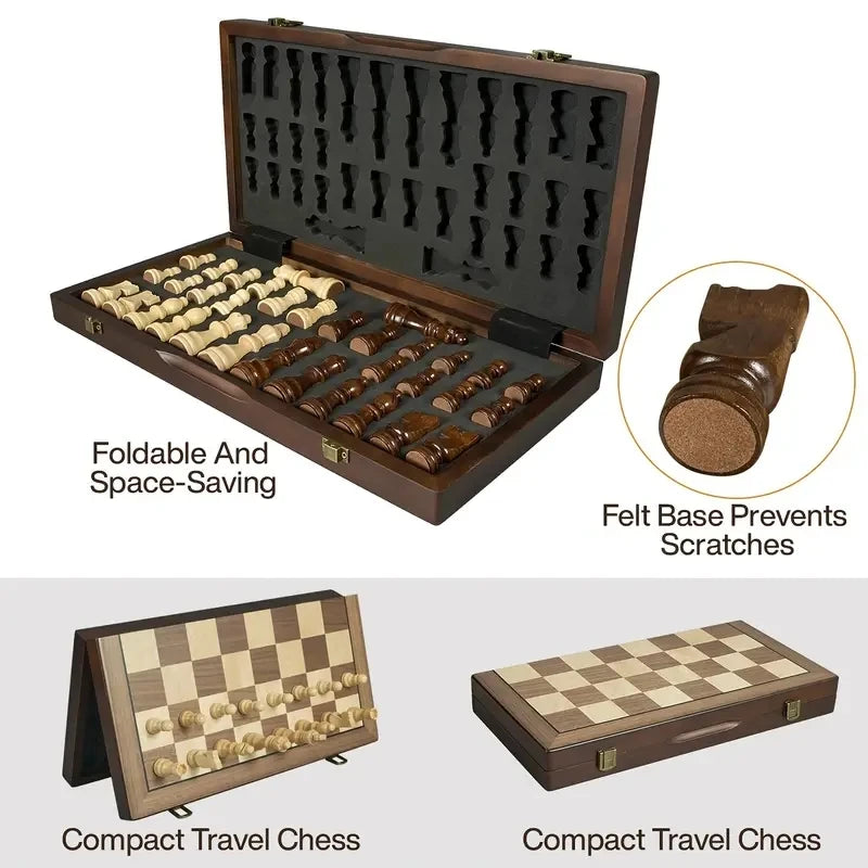 39.3cm/15.47inch magnetic wooden chess set with 2 additional queens folding portable travel board suitable