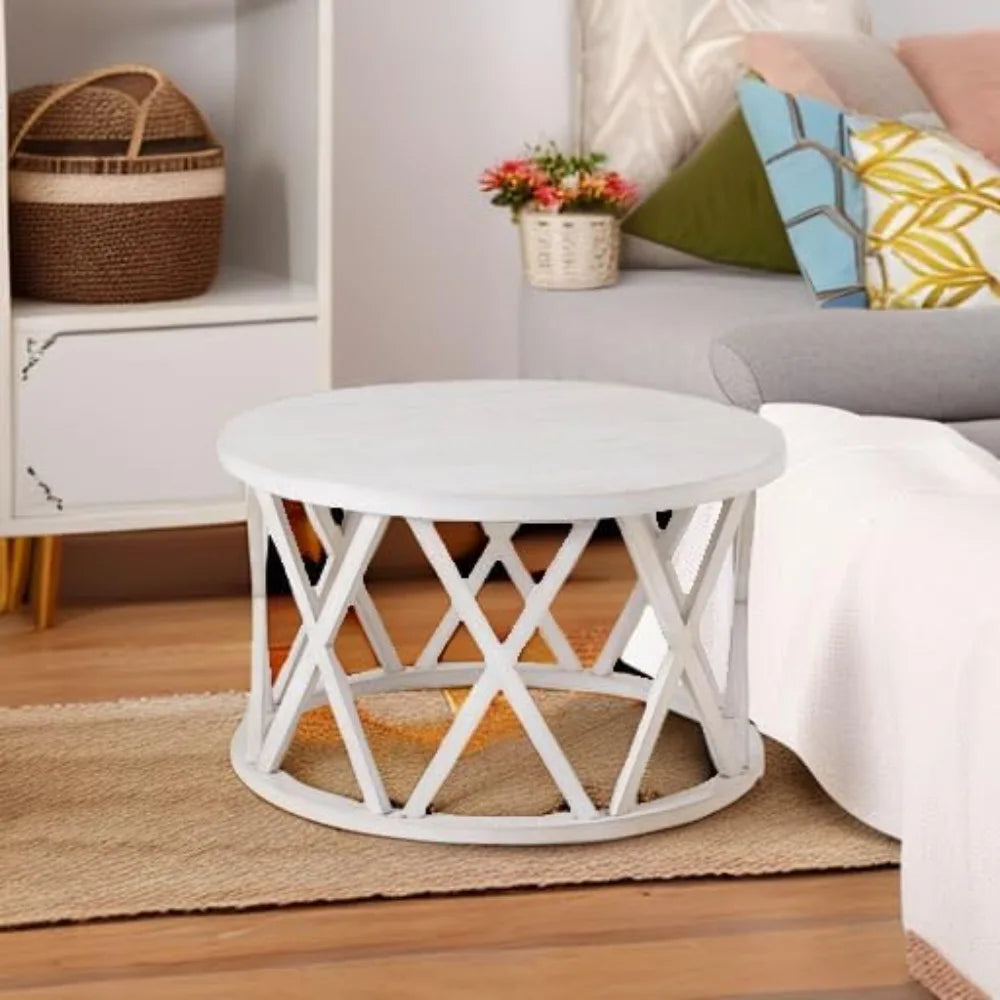 Farmhouse coffee table rustic round with x-motifs legs wood textured top for boho french country decor antique