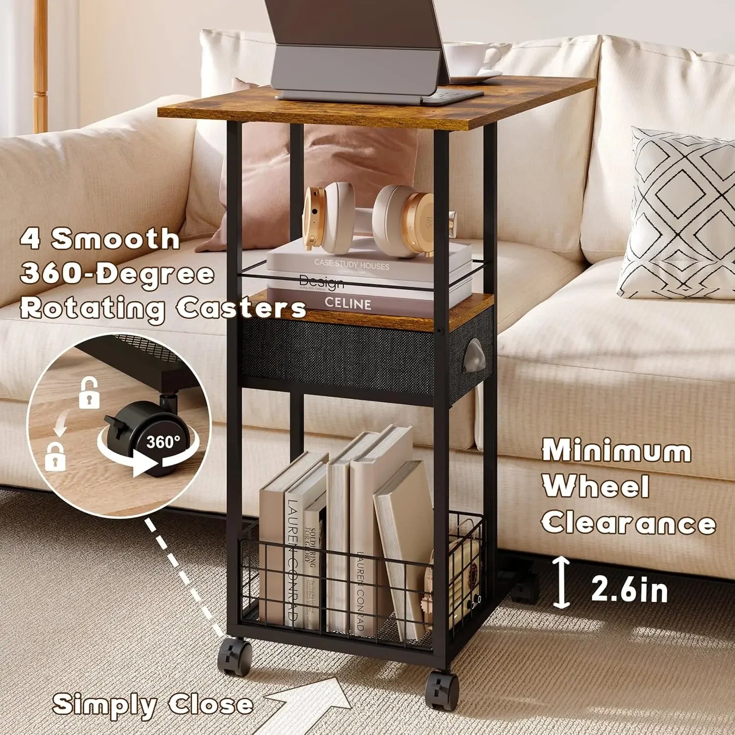Rolling side table with wheels for sofa c shaped end tables living room bedside drawer - united states