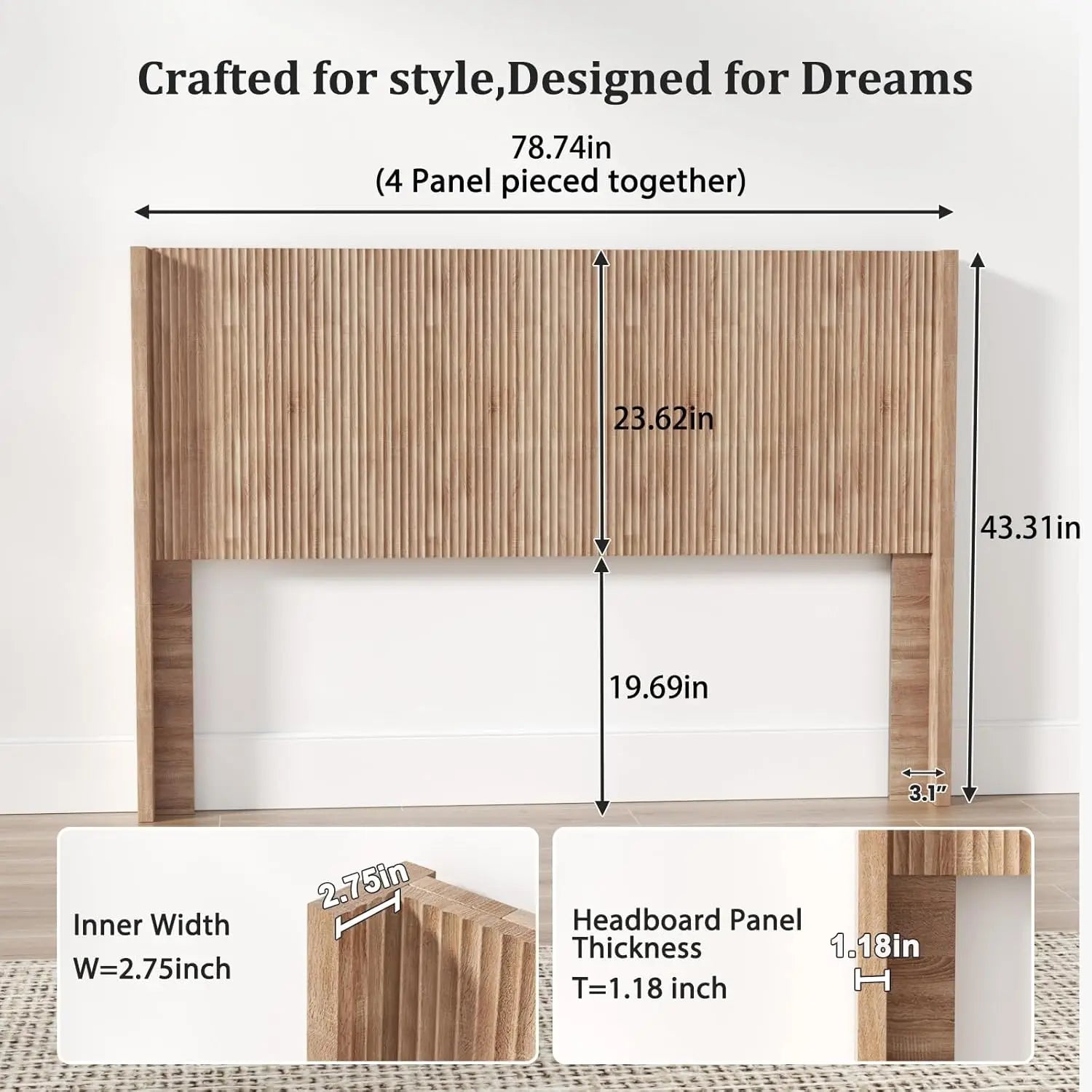 King size fluted headboard only - wall mount wood rustic & modern farmhouse,boho,fluted panel - united states