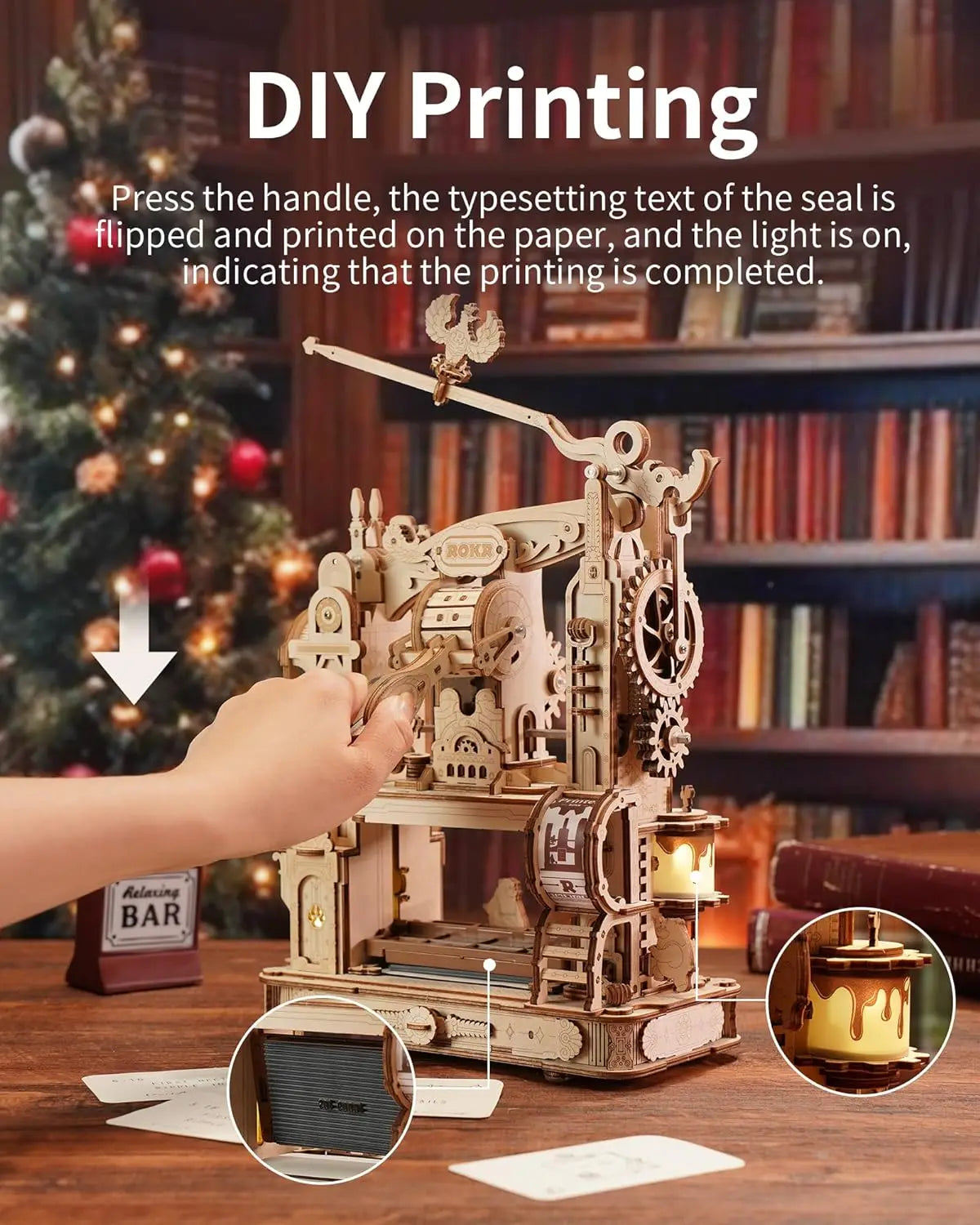 Robotime rokr 3d wooden puzzle model kits classic printing press mechanical gears for adults