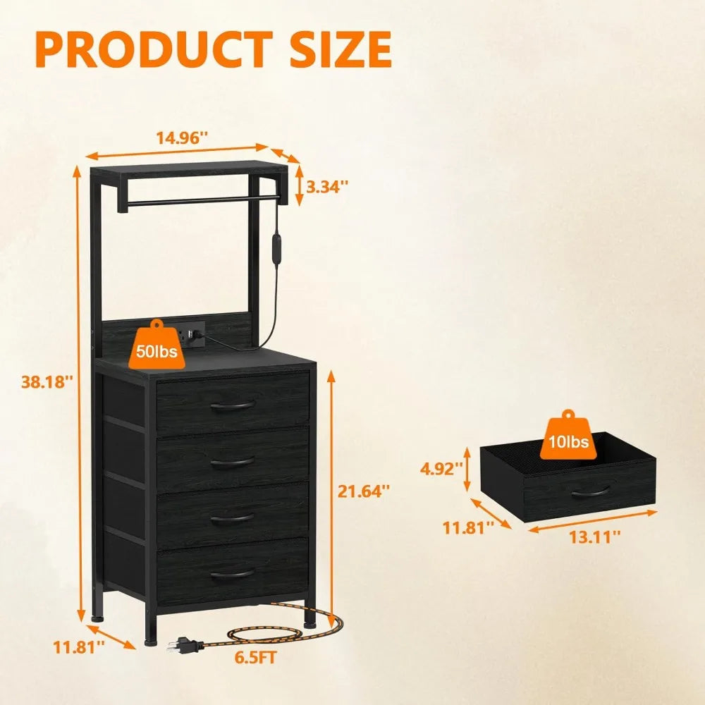 Tall nightstand with charging station night stands led lights and storage shelves bed side table for bedroom hallway