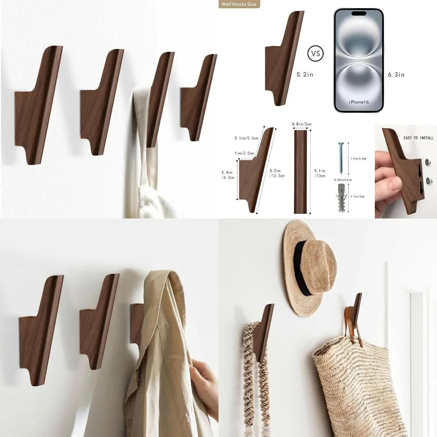 Wooden wall hooks 4 pack mounted walnut for hanging hat towel bag backpack decorative wood heavy duty hook fo - united