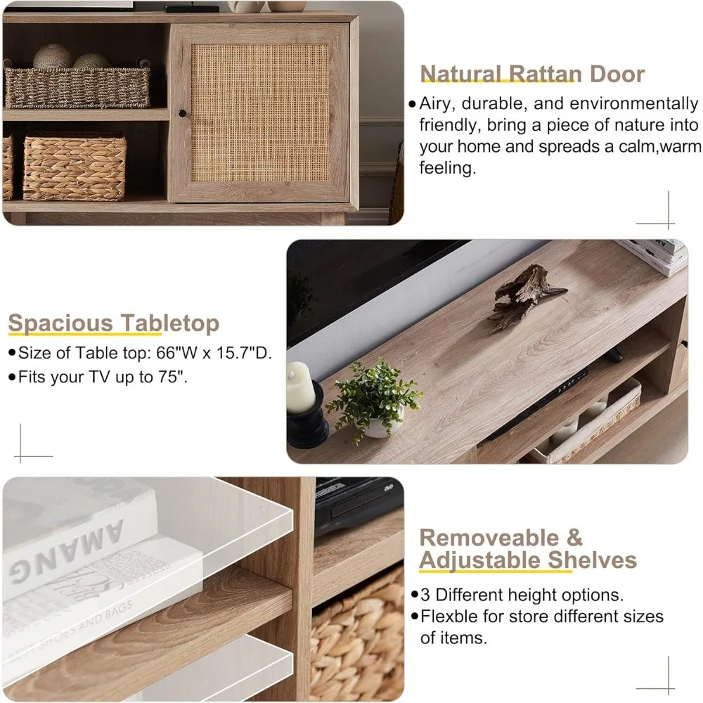 Tv stand for 75+ inch mid century modern entertainment center with natural rattan door storage shelves large boho media