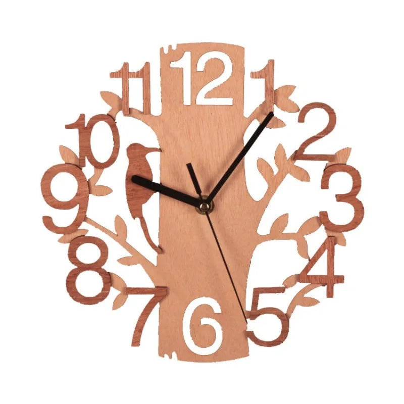 Double-layer three-dimensional bird wall clock home wooden creative decoration gift exquisite ornament - wood grain