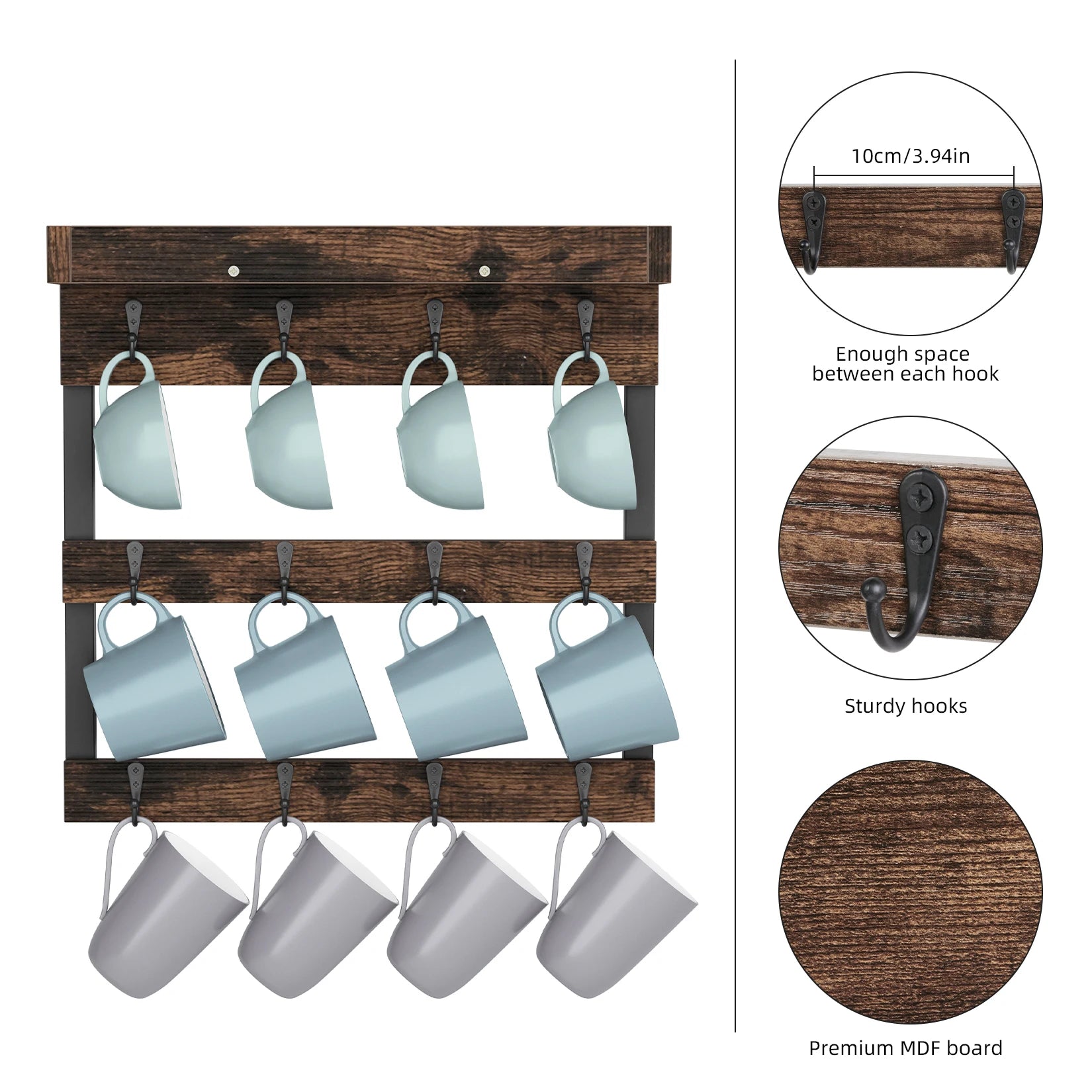 Wall mounted wooden cups hanging organizer coffee mug cup rack holder shelf 12 hooks
