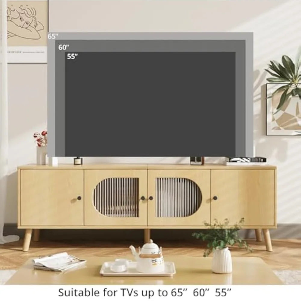 Tv stand for 55/60/65 inches wood media cabinet with glass doors entertainment center storage living room bed - united