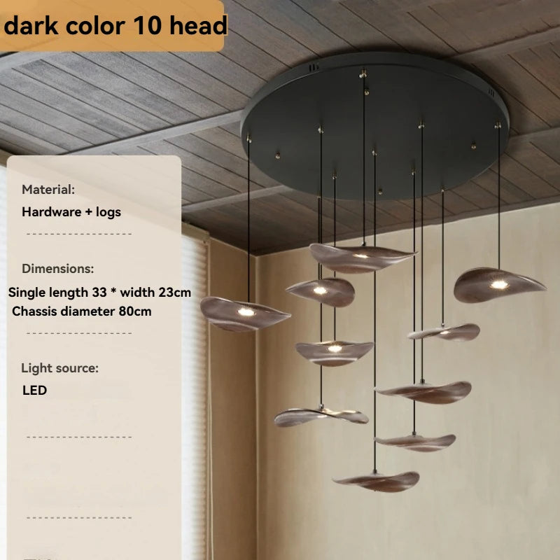 Solid wood walnut color leaf multi-head combination chandelier living room main lamp restaurant wabi-sabi retro style