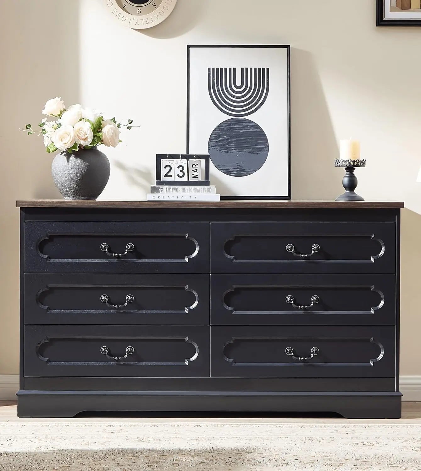 Dresser for bedroom farmhouse cherry wood chest of drawers rustic wide dressers - black15.7dx55wx30.8h / united states