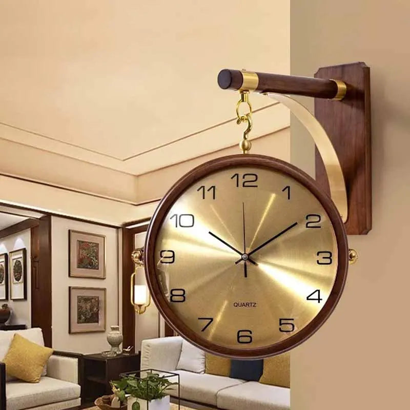 Luxury wood double sided wall clocks movement silence 360° rotatable clock aesthetic living room decoration accessories