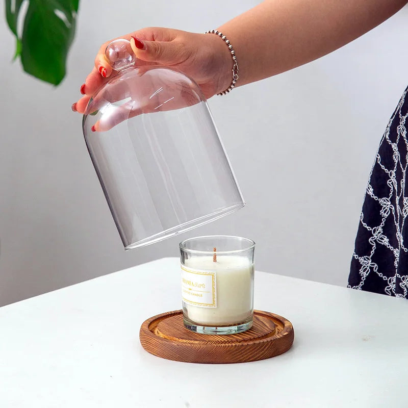 Aromatherapy candle holder ornaments dust-proof glass cover wooden base display box home decoration