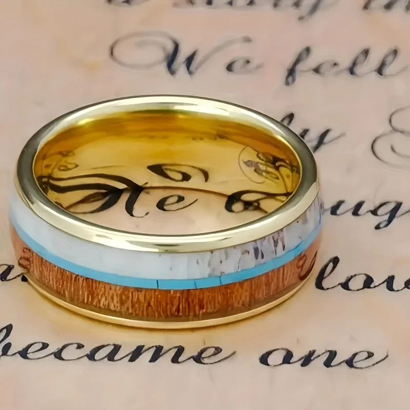 Deer antler ring stainless steel wedding band koa wood men turquoise mens jewelry