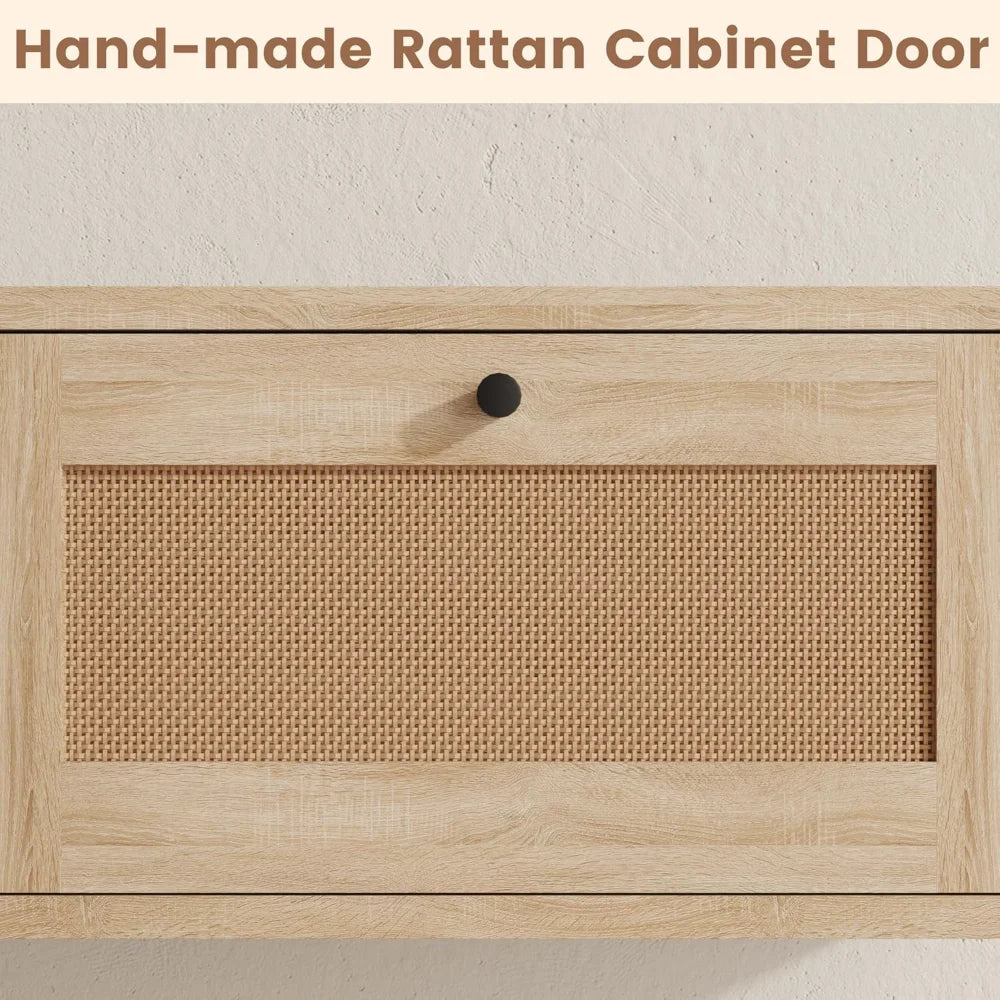 Modern rattan floating tv stand rectangular wall. -mounted with doors entertainment center storage 57 inch