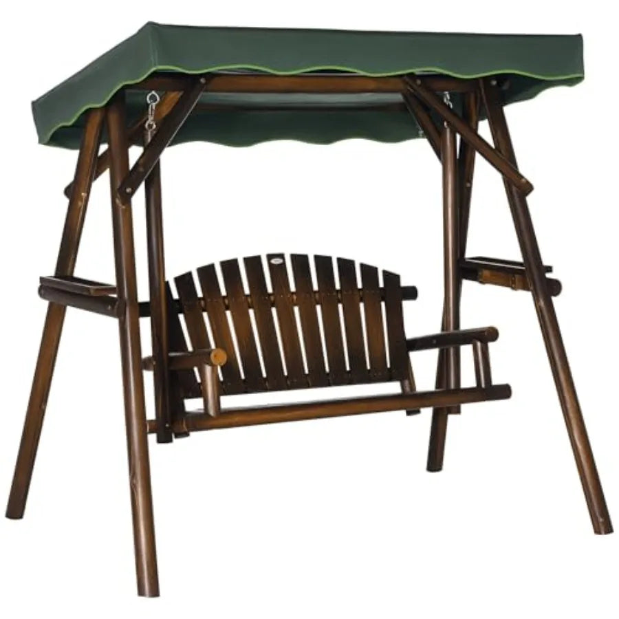 2person patio swing chair outdoor hanging wooden porch bench loveseat with adjustable canopy and side trays for garden